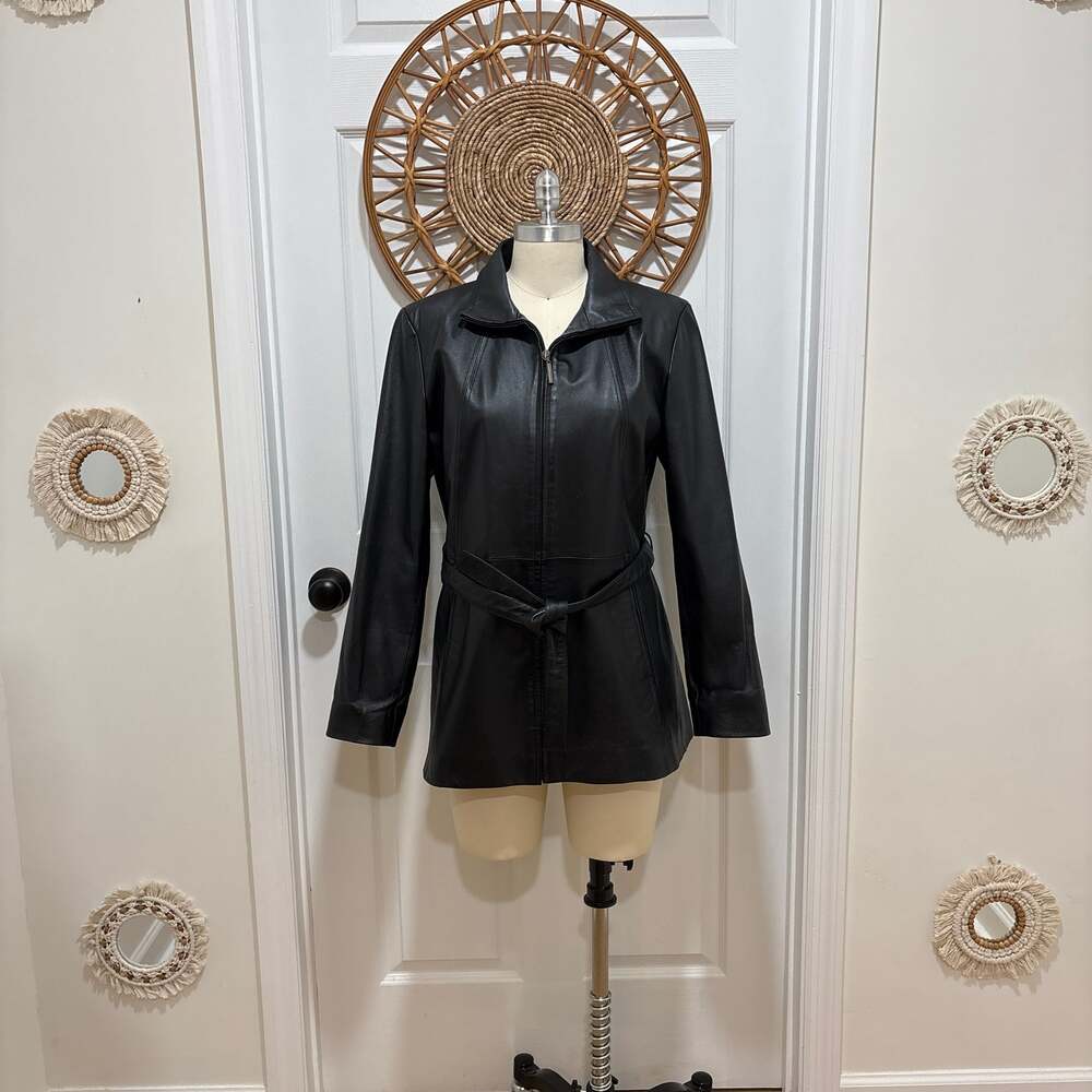 Worthington Women's Black Genuine Leather Zip-Up Belted Jacket